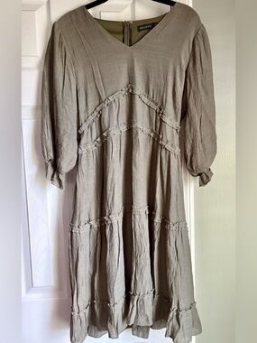 Mikarose Taupe Tiered V-Neck Midi Dress